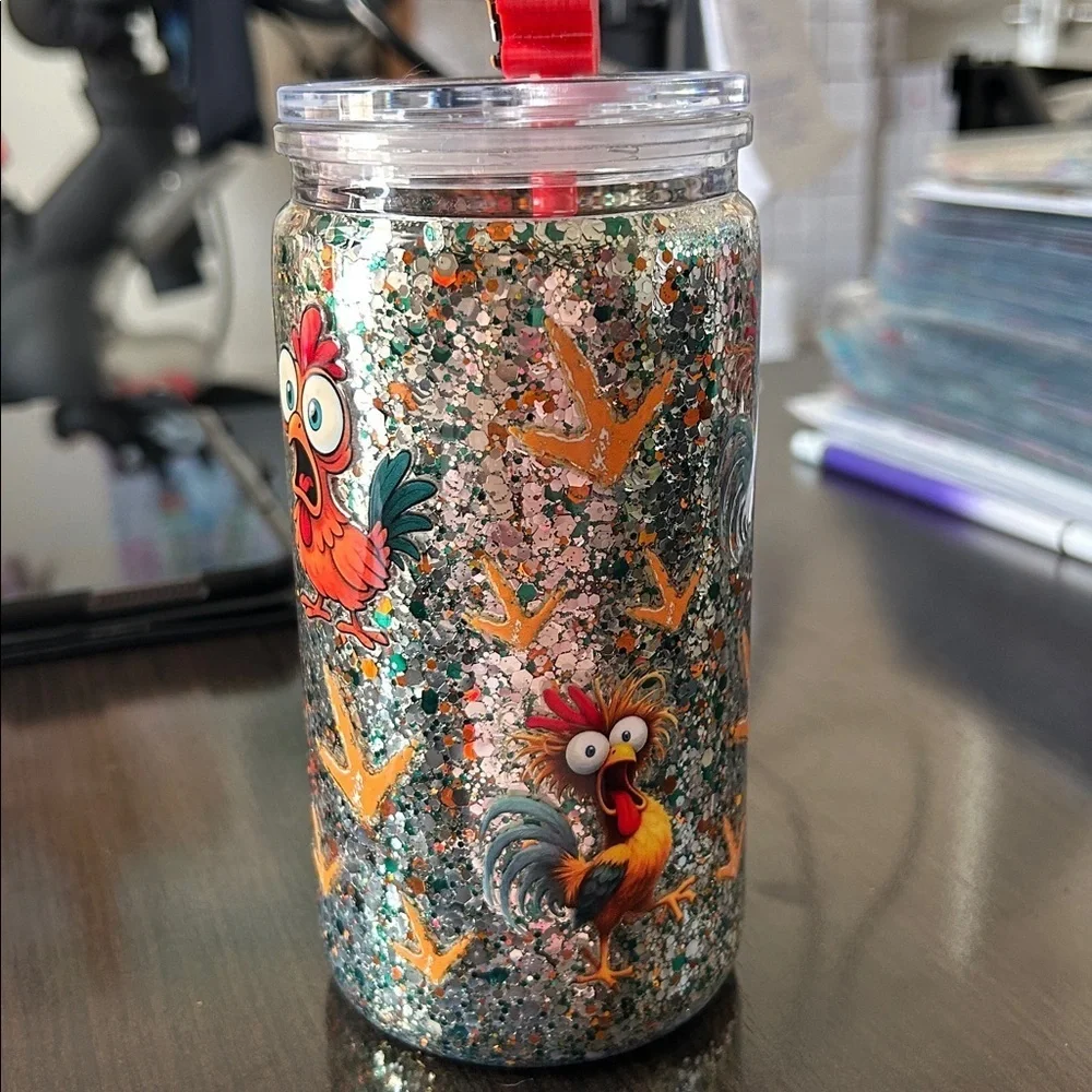 F-CAW-F Chicken 16oz Double-Walled Acrylic Glitter Tumbler with Straw Buddy